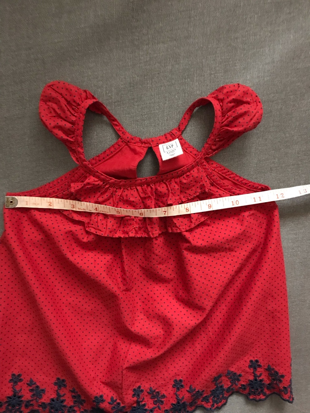 Red Ruffled Girl's Top with Embroidered Navy Hem - Picture 7 of 7